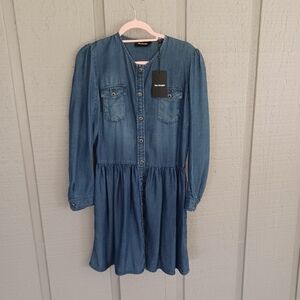 The Kooples Tencel Twill Mini Dress Size M Women Preppy Blue Long Sleeve Button